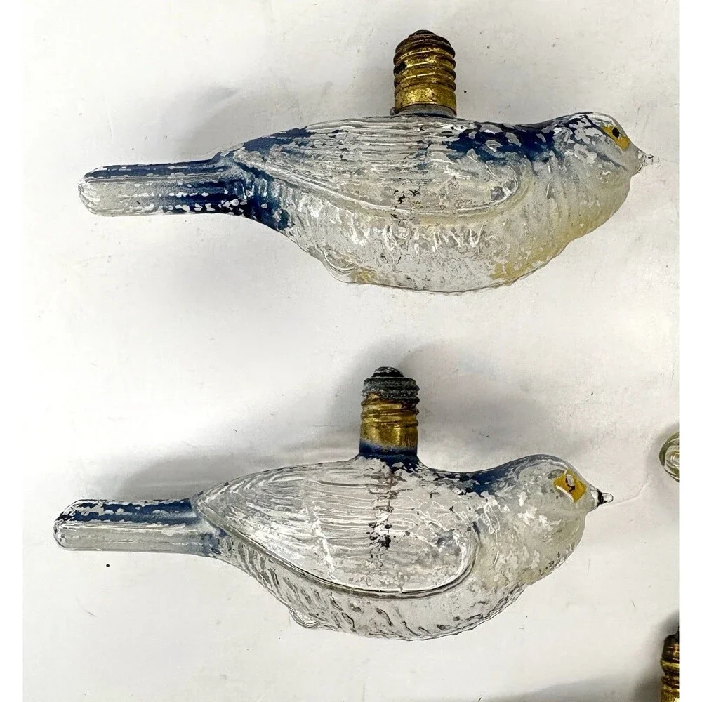 Bird Light Bulb Ornament Clear Glass Painted Blue Old• 5 Pc • Christmas Vintage
